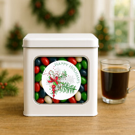 Classic Holiday Red White Candy Cane Green Foliage ラウンドシール