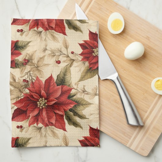 Classic Holiday Tea Towel Rustic Red Floral Style キッチンタオル (四つ折り)