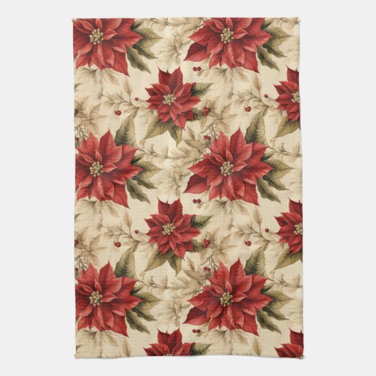 Classic Holiday Tea Towel Rustic Red Floral Style キッチンタオル (縦)