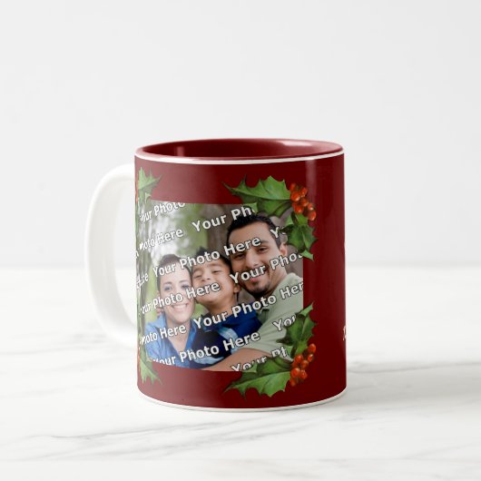 Classic Holly Border Christmas Photo Mug ツートーンマグカップ (正面左)
