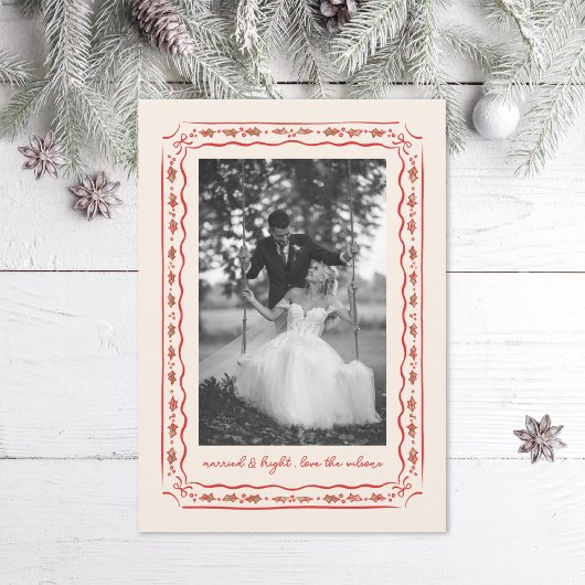 Classic Holly Painted Frame Wedding Photo シーズンカード