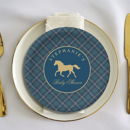 Classic Horse Equestrian Tartan Plaid  Baby Shower ペーパープレート