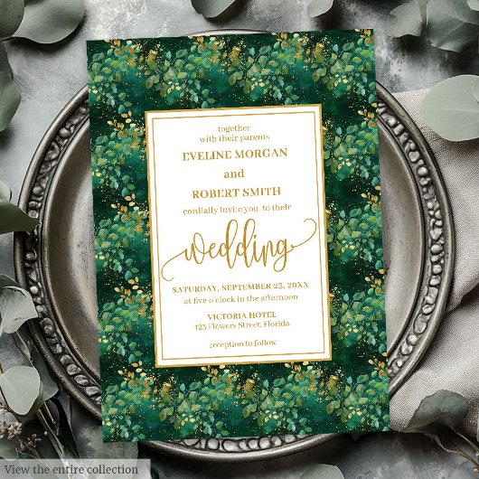 Classic Hunter Green Gold Eucalyptus Wedding  招待状