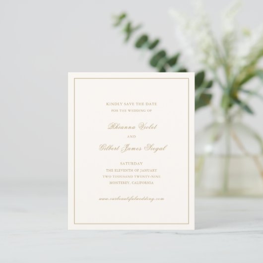 Classic Ivory and Gold Budget Wedding Save Date (スタンド正面)