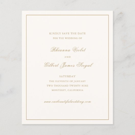 Classic Ivory and Gold Budget Wedding Save Date (正面)