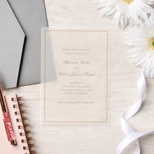 Classic Ivory and Gold Wedding Save the Date ベラム紙招待状 (ウェディング)
