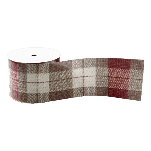 Classic Ivory Brown Rust Red Plaid Pattern グログランリボン (リール)