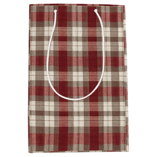 Classic Ivory Brown Rust Red Plaid Pattern ミディアムペーパーバッグ (正面)