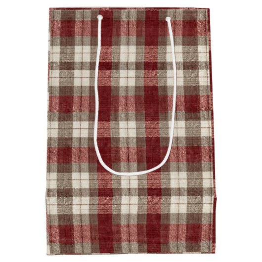 Classic Ivory Brown Rust Red Plaid Pattern ミディアムペーパーバッグ (裏面)