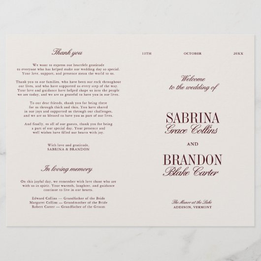 Classic Ivory & Burgundy Modern Wedding Program (正面)