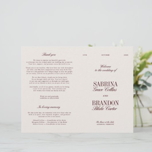 Classic Ivory & Burgundy Modern Wedding Program (スタンド正面)