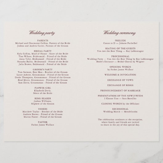 Classic Ivory & Burgundy Modern Wedding Program (裏面)