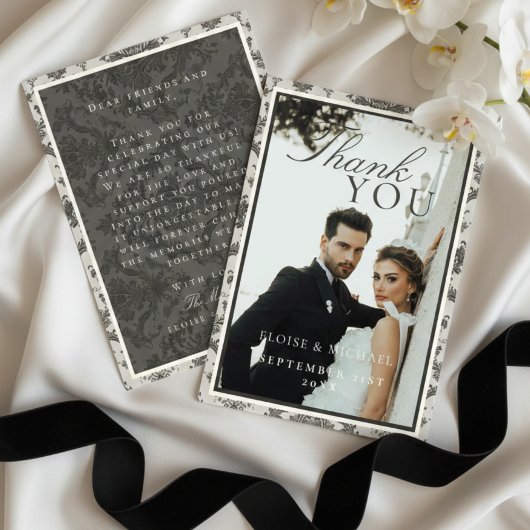 Classic Ivory Damask Rococo Pattern Photo Wedding サンキューカード
