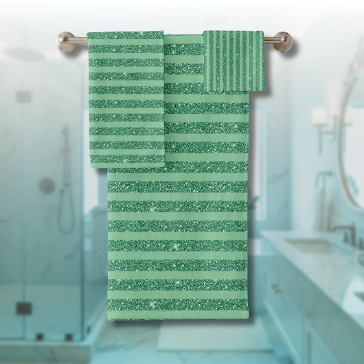 Classic Jade Green Glitter Style Vertical Stripes バスタオルセット
