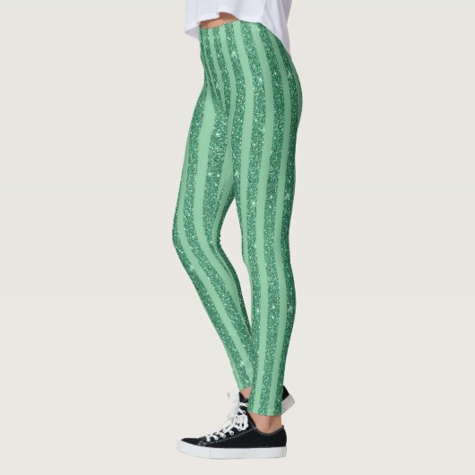 Classic Jade Green Glitter Style Vertical Stripes レギンス (左)