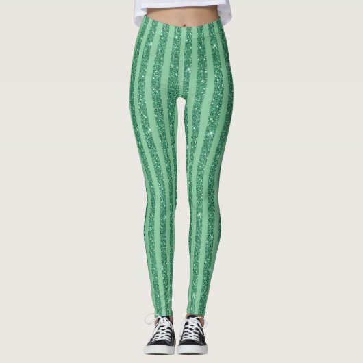 Classic Jade Green Glitter Style Vertical Stripes レギンス (正面)