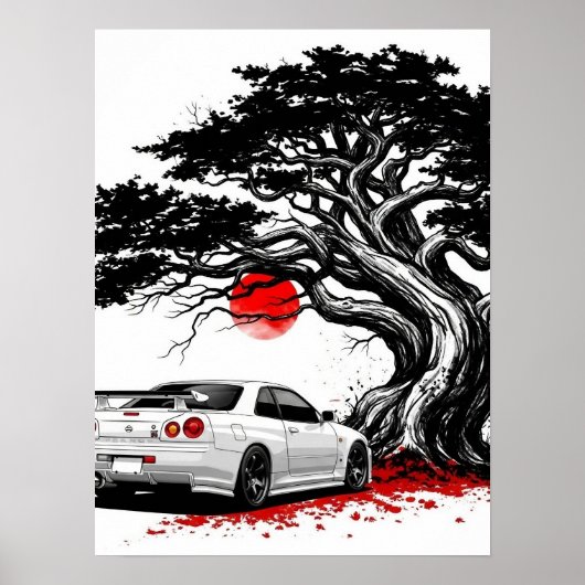 Classic Japanese Rising Sun Art Painting White JDM ポスター (正面)