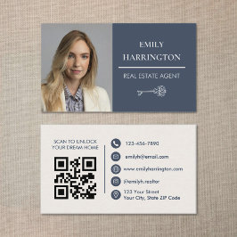 Classic Key QR Code Gray Real Estate Agent 名刺
