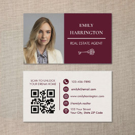 Classic Key QR Code Maroon Real Estate Agent 名刺