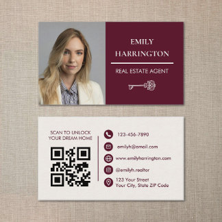 Classic Key QR Code Maroon Real Estate Agent 名刺