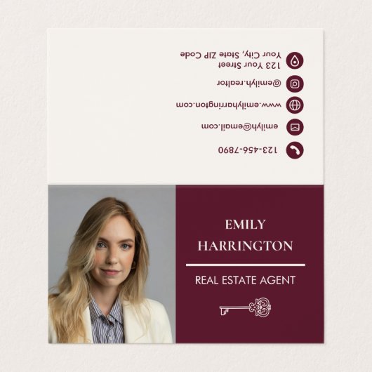 Classic Key QR Code Maroon Real Estate Agent 名刺 (外部フラット)