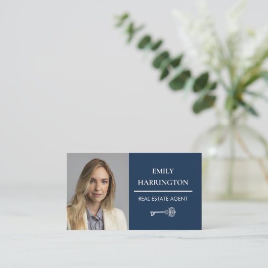 Classic Key QR Code Navy Real Estate Agent 名刺 (スタンド正面)