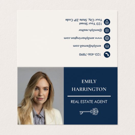 Classic Key QR Code Navy Real Estate Agent 名刺 (外部フラット)