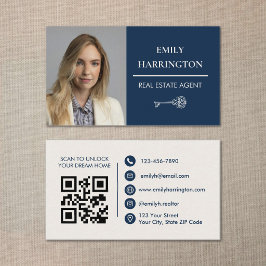 Classic Key QR Code Navy Real Estate Agent 名刺