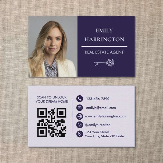 Classic Key QR Code Purple Real Estate Agent 名刺