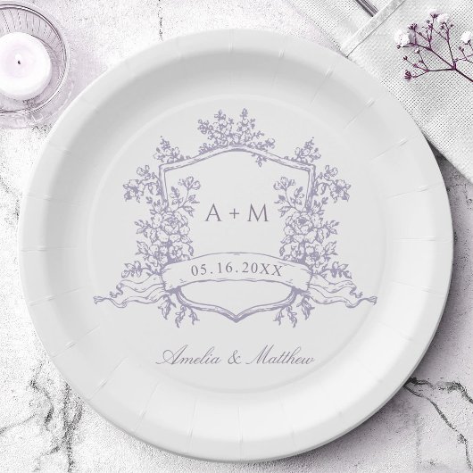 Classic Lavender Floral Crest Monogram Wedding ペーパープレート