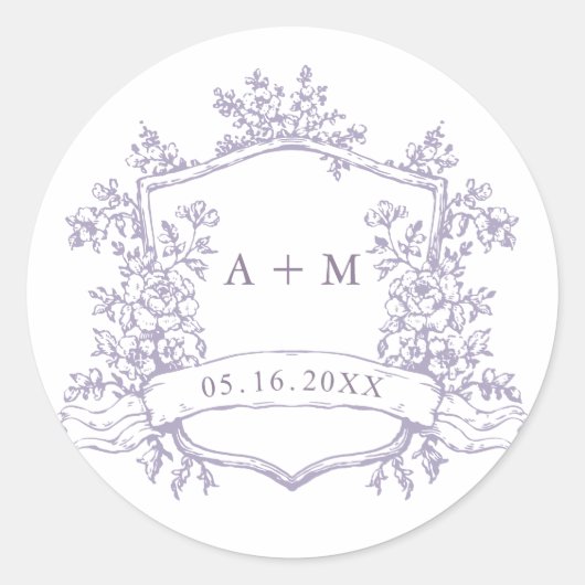 Classic Lavender Floral Crest Monograms ラウンドシール (正面)