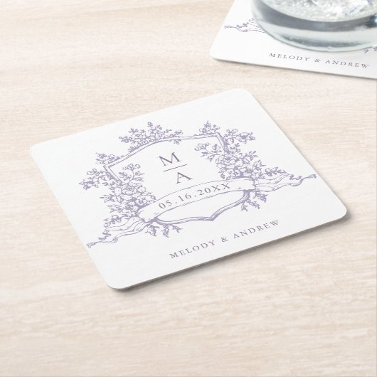 Classic Lavender Floral Crest Monograms Wedding  スクエアペーパーコースター (アングル)