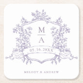 Classic Lavender Floral Crest Monograms Wedding  スクエアペーパーコースター (正面)