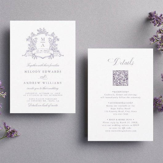Classic Lavender Floral Crest Wedding All in One 招待状