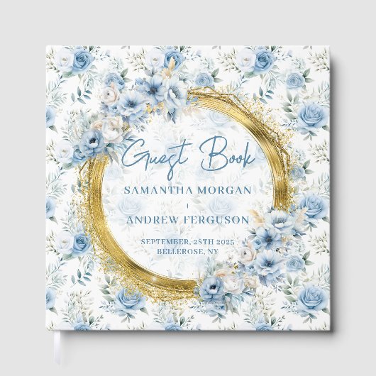 Classic Light Blue Gold Glitter Wedding Guest Book ゲストブック (正面)
