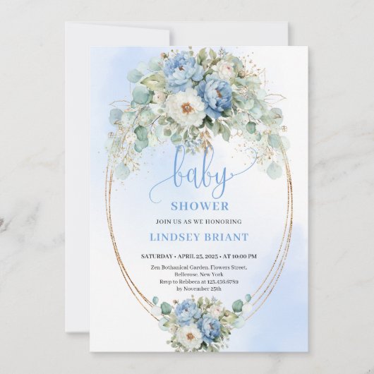 Classic Light Blue Peonies Eucalyptus Baby Shower 招待状 (正面)