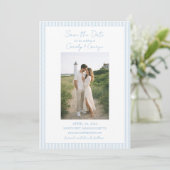 Classic Light Blue Striped Summer Coastal Wedding セーブザデート (スタンド正面)