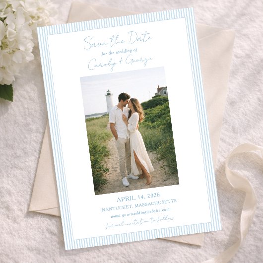Classic Light Blue Striped Summer Coastal Wedding セーブザデート