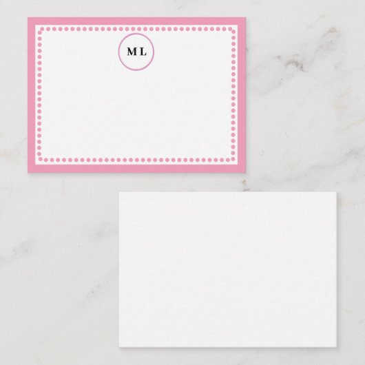 Classic Light Pink Border & Dots with Initials ノートカード (正面/裏面)