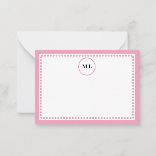 Classic Light Pink Border & Dots with Initials ノートカード (正面)