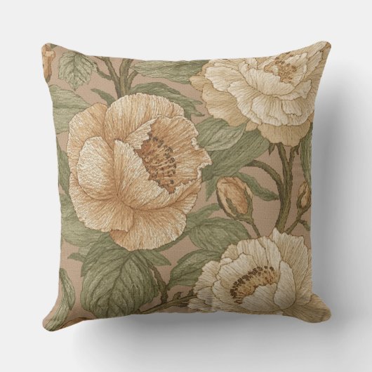 Classic,Lovely Flowers Pattern, Sage Gold Bloom クッション (裏面)