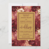 Classic Lux Dark Red Gold Floral Wedding Invites 招待状 (正面)