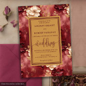 Classic Lux Dark Red Gold Floral Wedding Invites 招待状