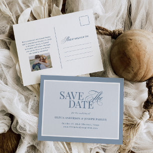 Classic Luxe エレガントなダスティブルーのSave the Date 案内ポストカード