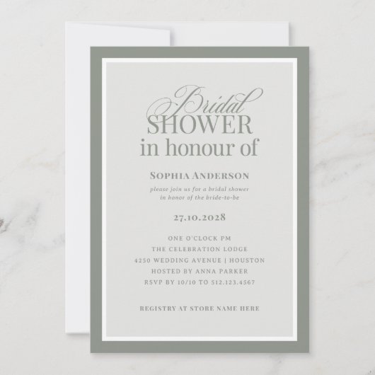 Classic Luxe | BRITISH Spelling Sage Bridal Shower 招待状 (正面)