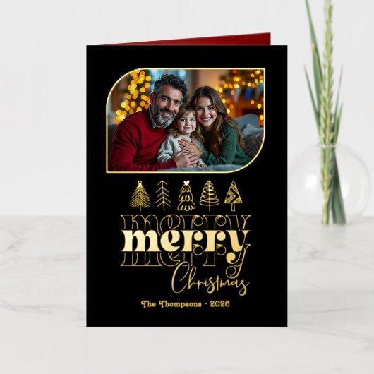 Classic Luxe Hand Drawn Merry Christmas Photo 箔シーズンカード (正面)