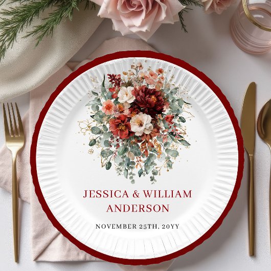 Classic Maroon Autumn Wedding Paper Plates Design ペーパープレート