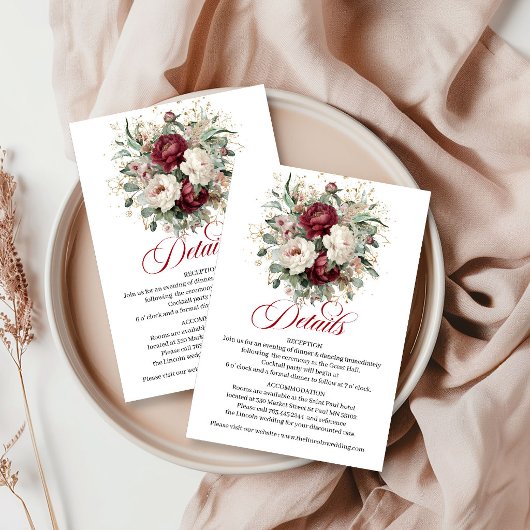 Classic Maroon Floral Eucalyptus Gold Wedding Deta エンクロージャーカード