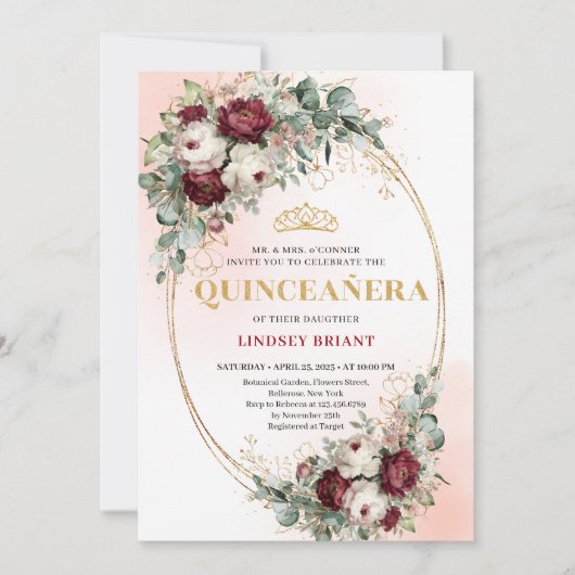 Classic Maroon Floral Greenery Quinceañera Invite 招待状 (正面)