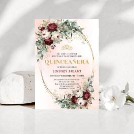 Classic Maroon Floral Greenery Quinceañera Invite 招待状